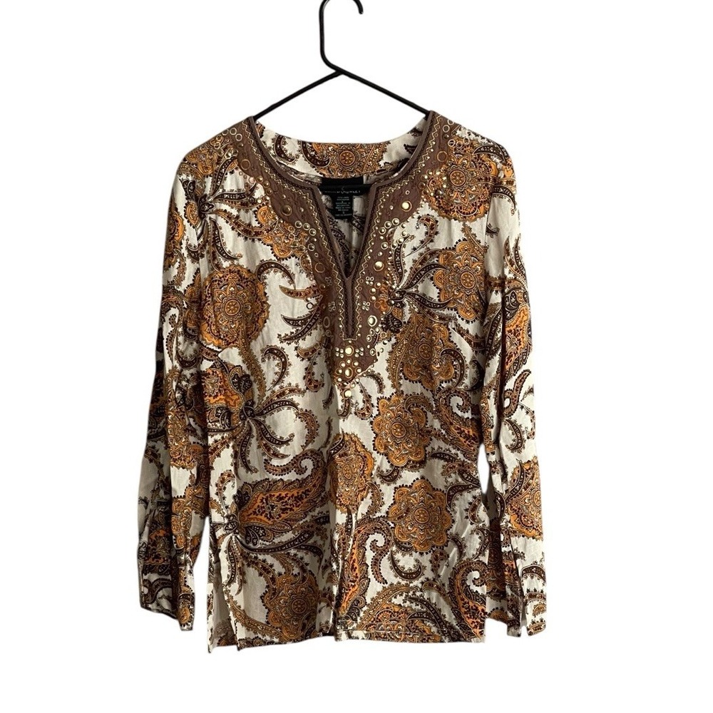 Cynthia Rowley Paisley Beaded Embellished Linen Blend V Neck Top Blouse Small